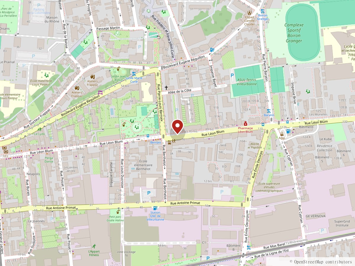Plan du quartier : le cabinet du Professeur Kéba Lamine, 75 rue Léon Blum à Villeurbanne, quartier Cusset.